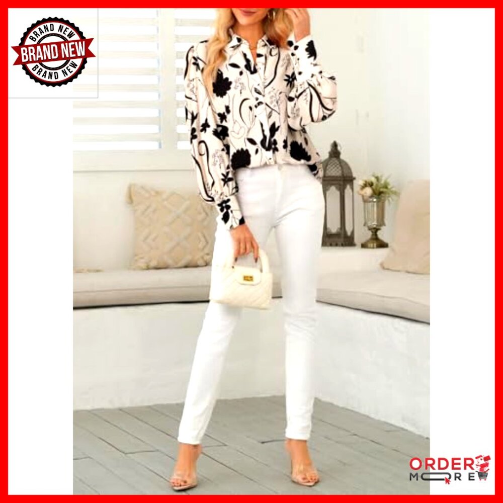 Long Sleeve Button Down Blouse, Polyester, Deep V… - image 5